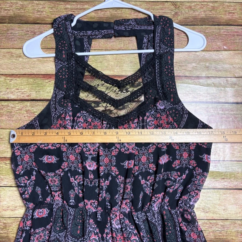 Free People Moroccan Printed Lace Yoke Slit Front Maxi Dress Black Pink 8